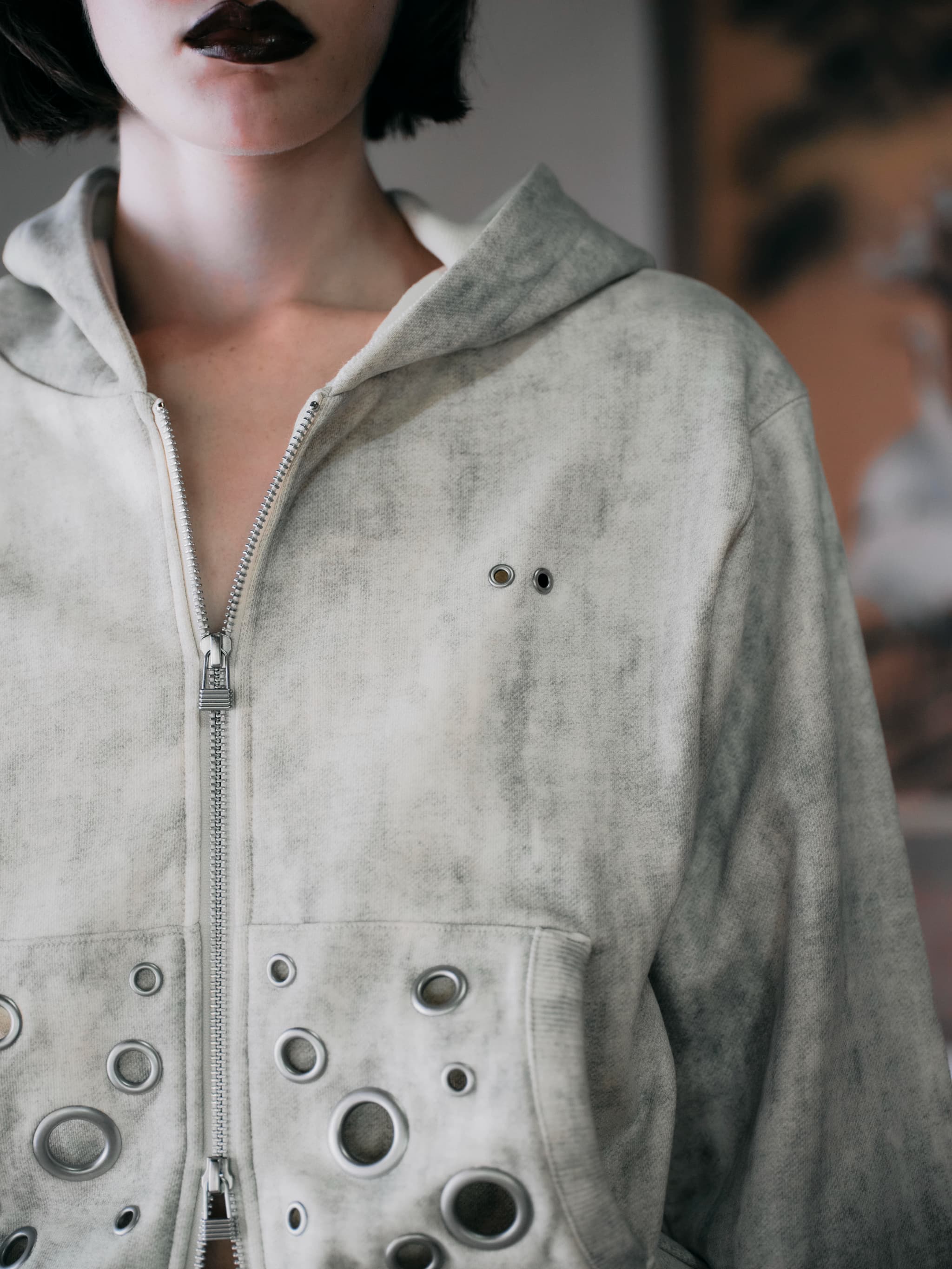 RE-STOCK】EYELET DESIGN ZIP UP HOODIE-CHARCOAL GRAY – TAJEN:T